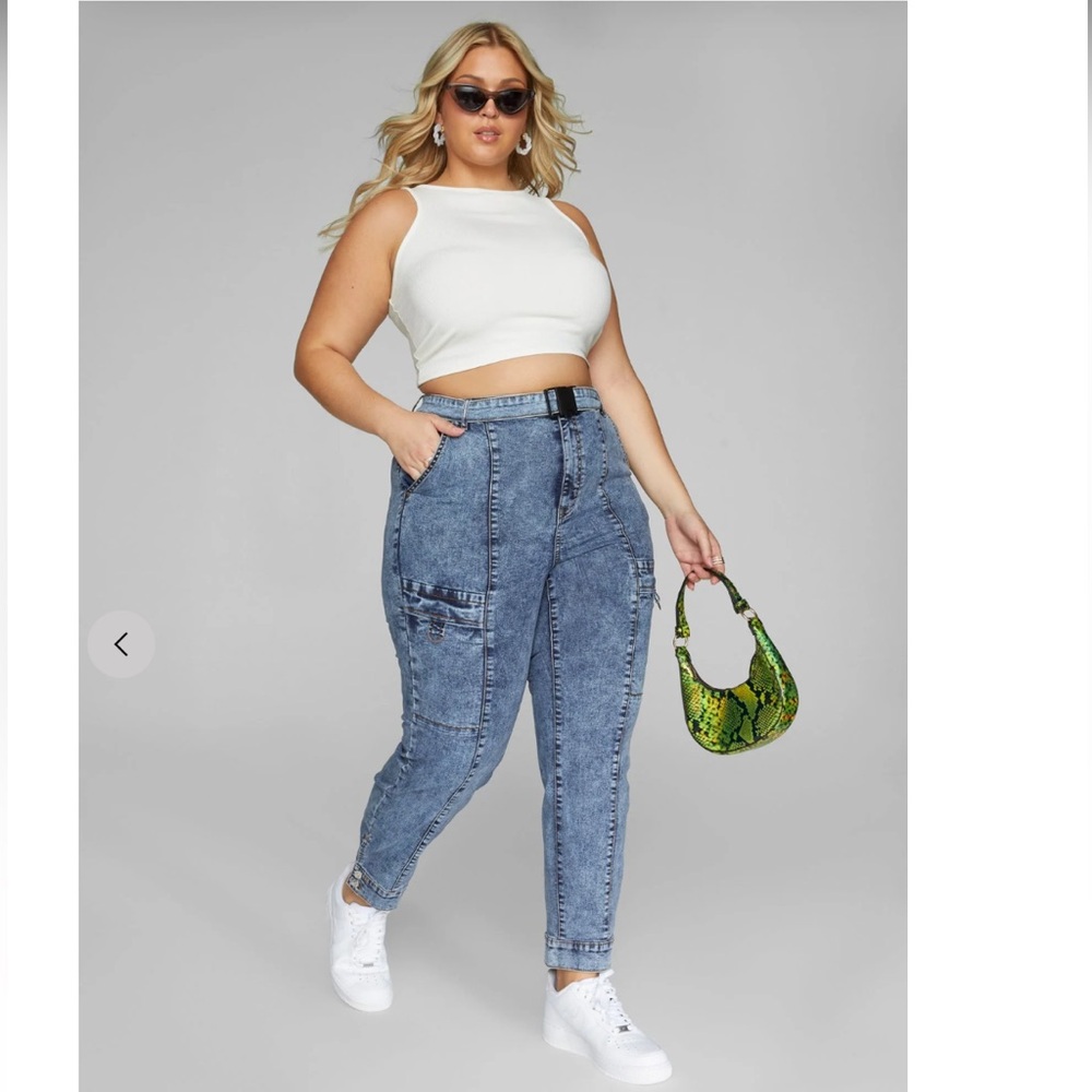 Fashion to Figure high rise belted cargo jeans utility carpenter work wear army - Picture 14 of 15